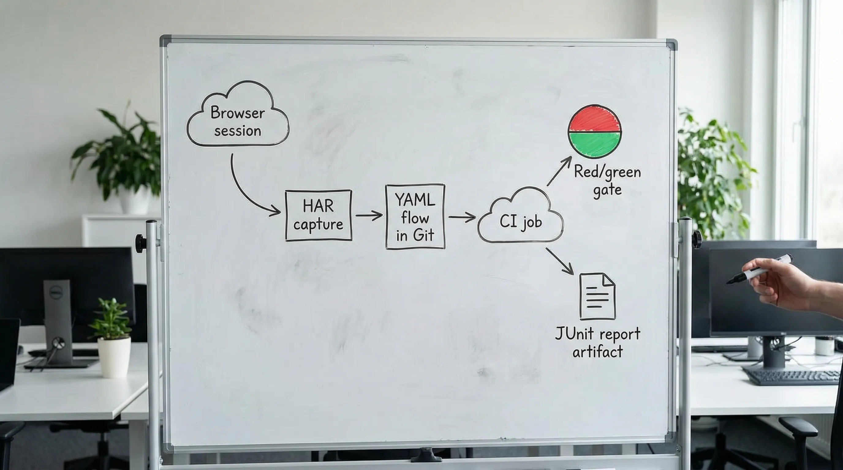 A simple pipeline diagram showing four stages with arrows: Browser session -> HAR capture -> YAML flow in Git -> CI job producing a red/green gate and a JUnit report artifact.