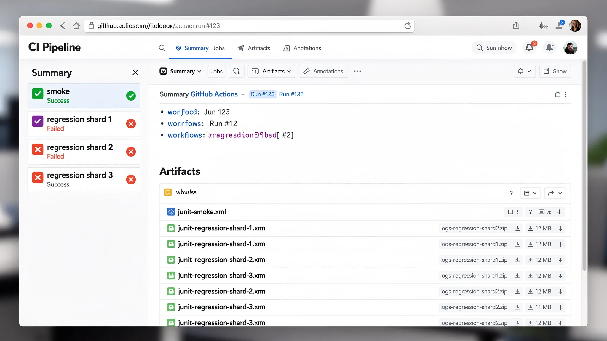 A GitHub Actions run page showing four parallel matrix jobs (smoke, regression shard 1, shard 2, shard 3) with successful and failed statuses, plus an artifacts panel listing uploaded JUnit XML and log bundles per shard.
