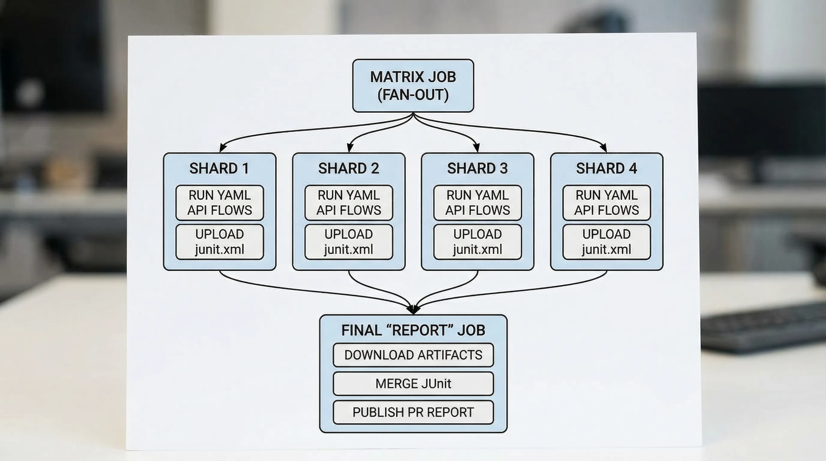 A simple diagram of a GitHub Actions workflow: a matrix job fan-outs into four parallel shards that each run YAML API flows and upload junit.xml artifacts, then a final “report” job downloads artifacts, merges JUnit, and publishes a PR-visible test report.