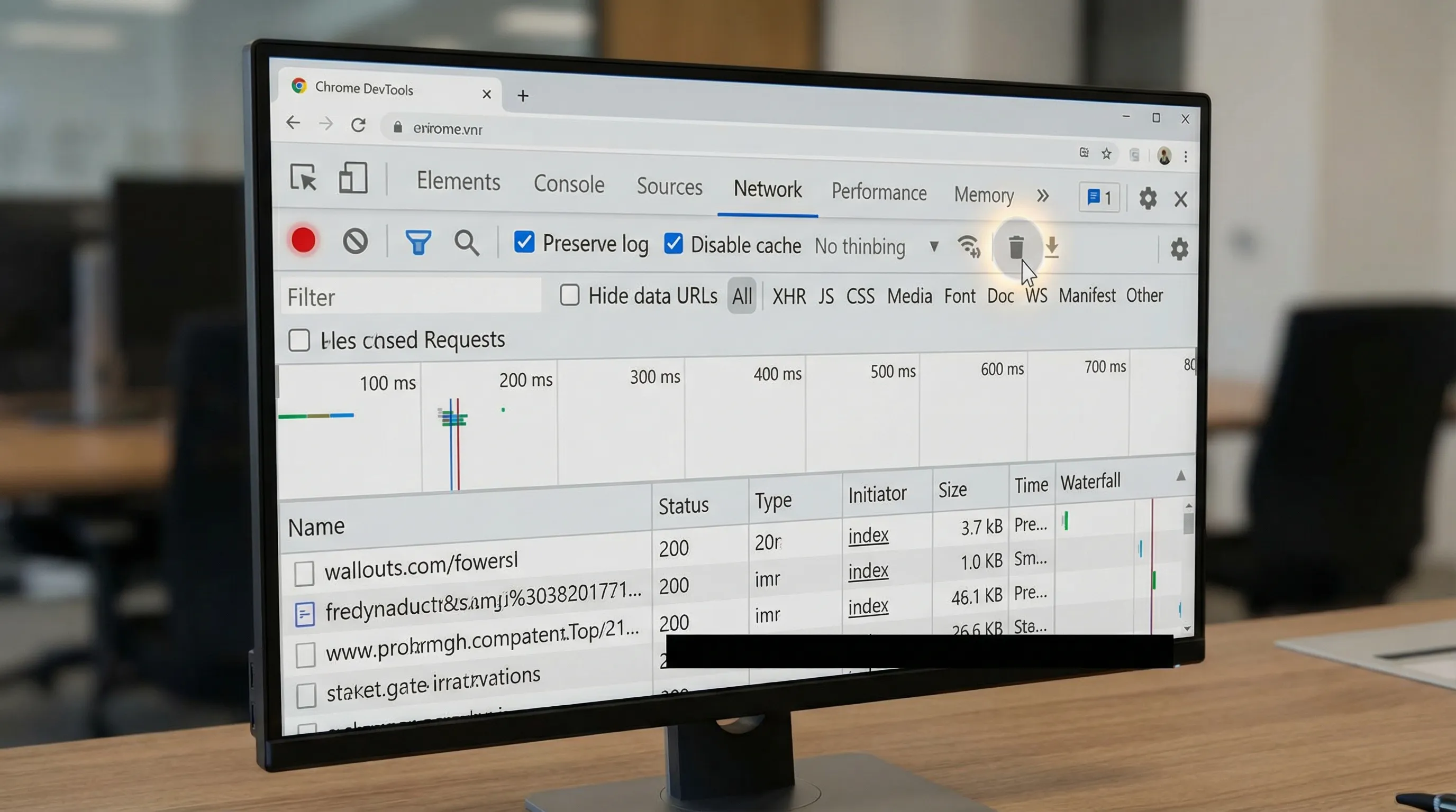 Chrome DevTools Network tab showing the Preserve log and Disable cache checkboxes enabled, with the Record button active and the Clear network log button highlighted.