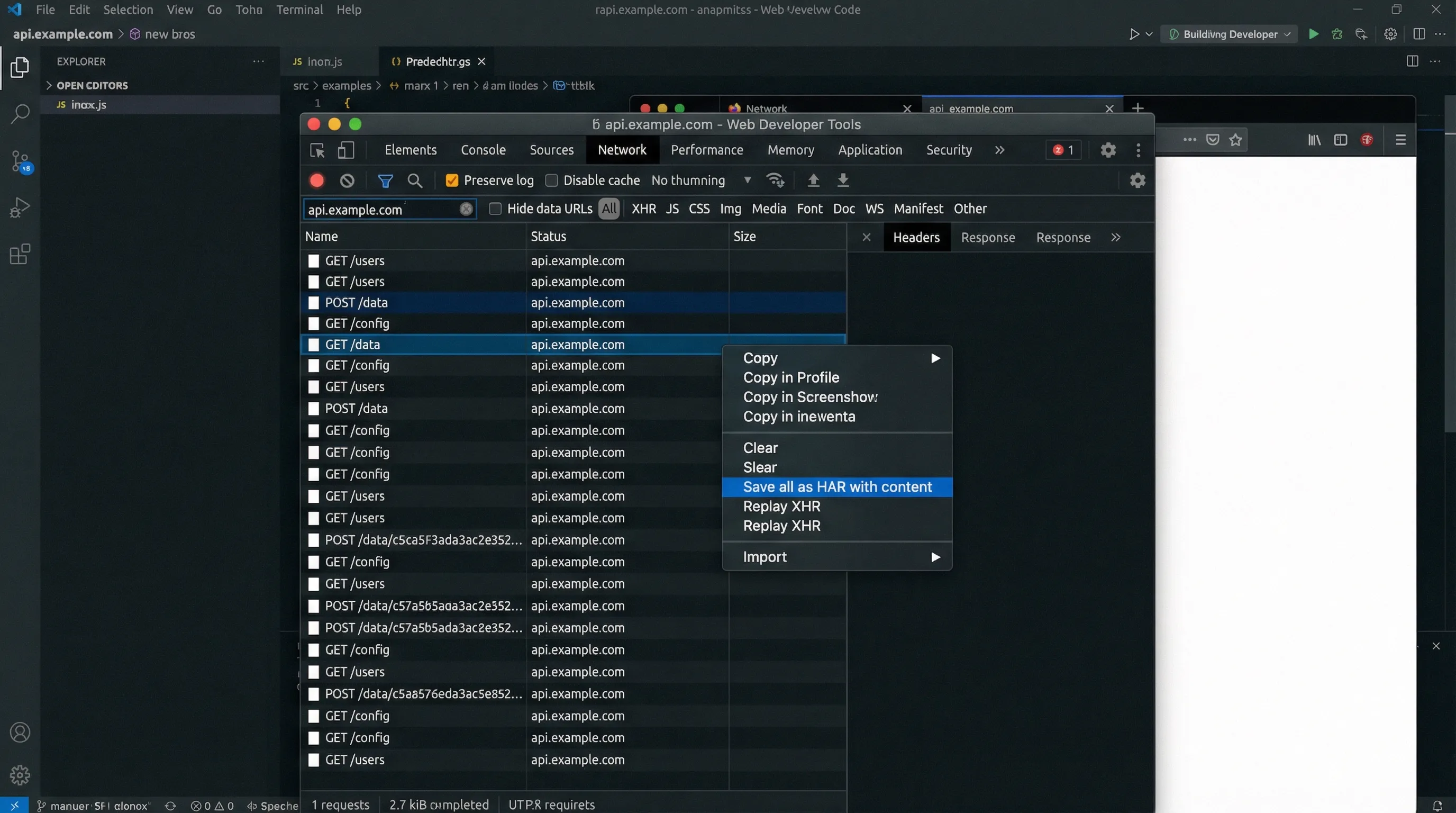 Network request list filtered to a single API domain, with the context menu open showing the option to save all as HAR with content.