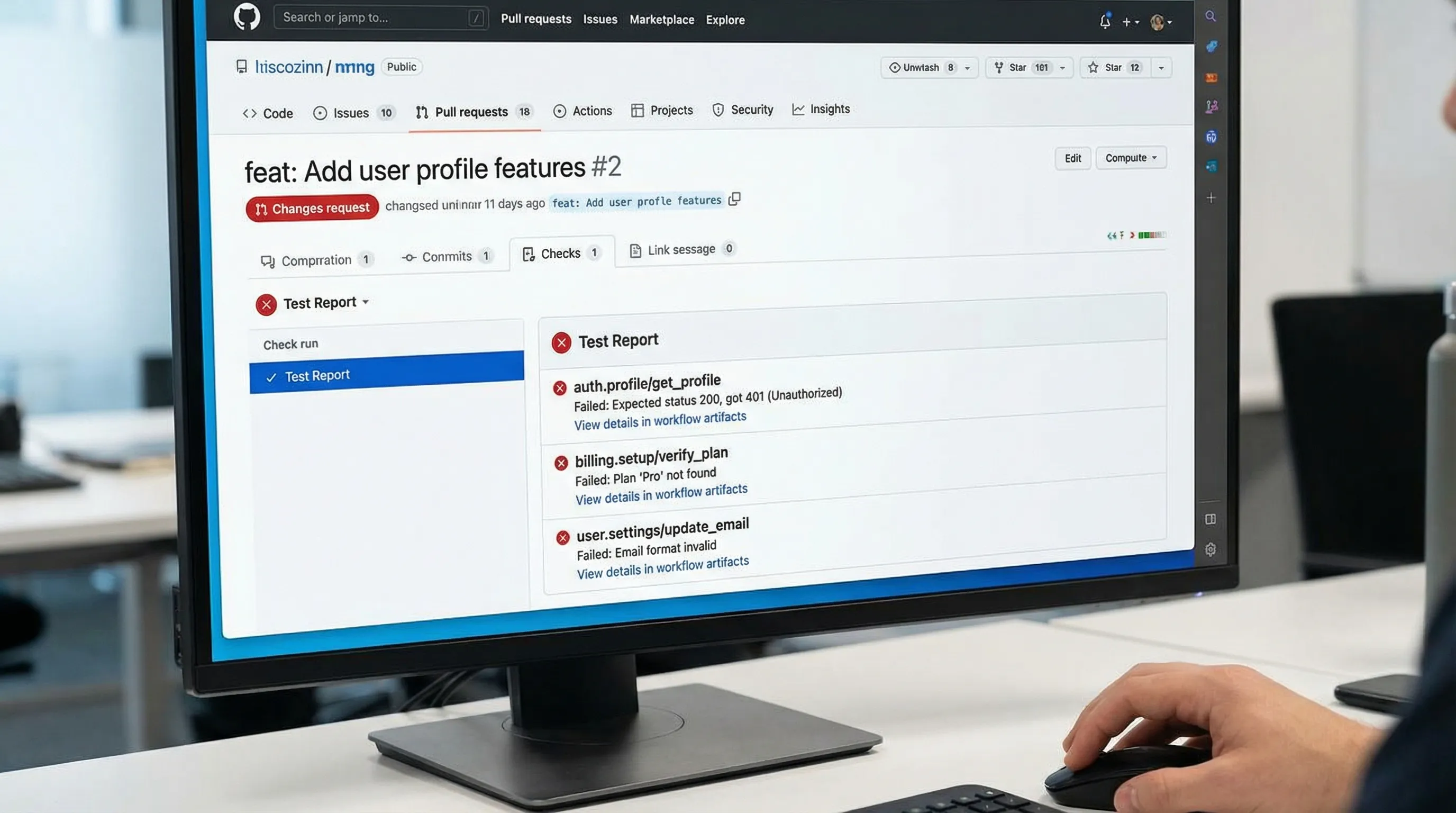 GitHub Actions pull request view showing a "Test Report" check run with a list of failed testcases named after YAML steps (for example, AuthProfile/GetProfile), with a short failure message and a link to the workflow run artifacts.