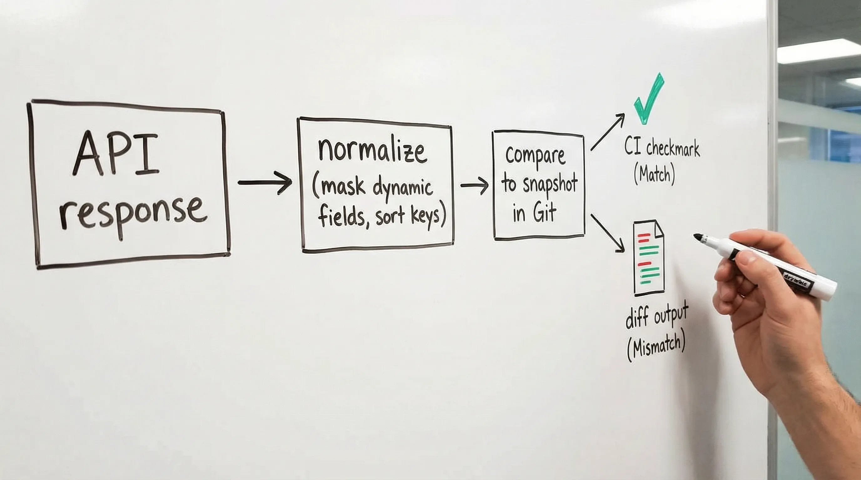 A simple diagram showing API response flowing through “normalize (mask dynamic fields, sort keys)” then “compare to snapshot in Git”, with a CI checkmark on match and a diff output on mismatch.